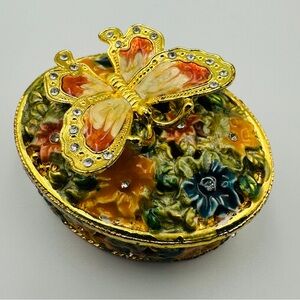Gold & Multicolored Oval Butterfly & Flowers Rhinestone Trinket Jewelry Box